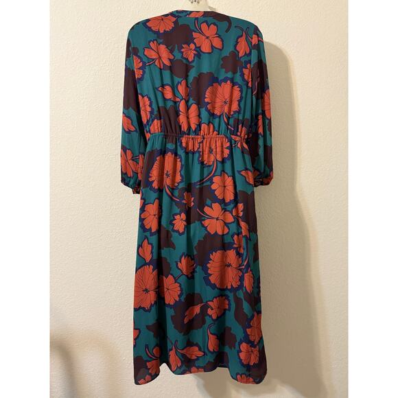 DR2 Dress Size M Surplice Puff‎ Sleeve Faux Wrap Midi Green/Orange Fall Florals - Picture 5 of 8